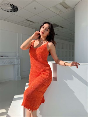 Orange Ajur Desen Triko Elbise