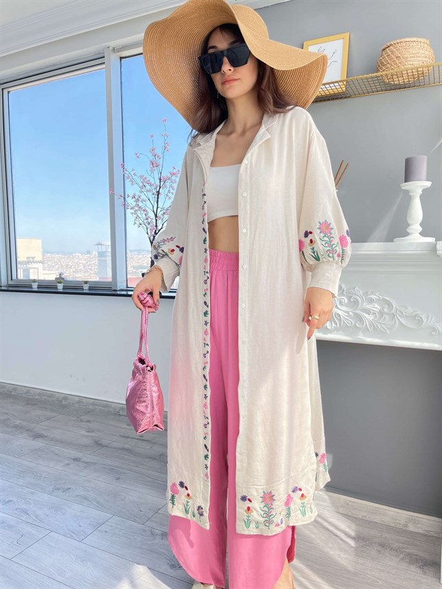 Taş Renkli Nakışlı Kimono Elbise