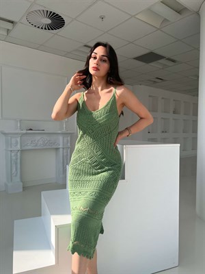 Yeşil Ajur Desen Triko Elbise